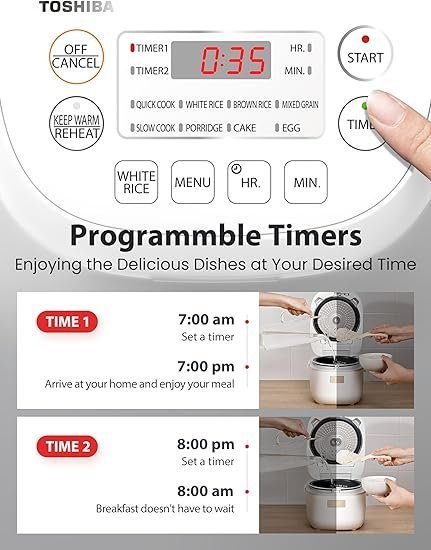 Toshiba Mini Rice Cooker, 3 Cups Uncooked Small Rice Cooker, Steamer & Warmer, With Fuzzy Logic And One-Touch Cooking, 24 Hour Delay Timer And Auto Keep Warm Feature