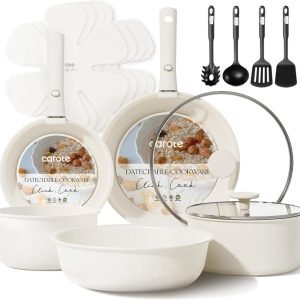 CAROTE 17pcs Pots and Pans Set, Nonstick Cookware Set Detachable Handle, Induction Kitchen Cookware Sets Non Stick with Removable Handle, RV Cookware Set
